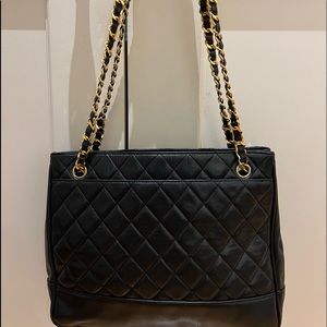 Vintage CHANEL Black Quilted Leather Shoulder Bag with 24K Gold Chain Straps